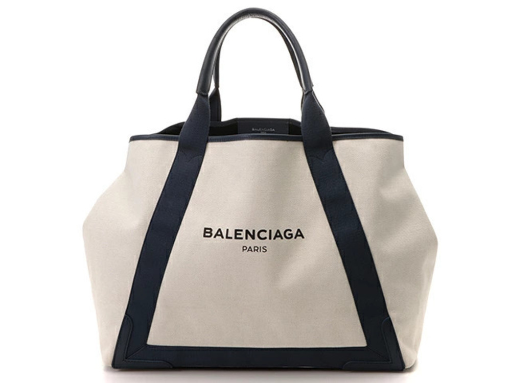 Balenciaga Navy Blue Cabas Tote Bag Canvas Leather Beige Cream